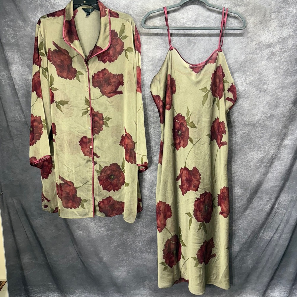 Soma 2 Piece Peignoir Set Shirt Nightgown Slip Dress Size 3 Sheer Green Floral